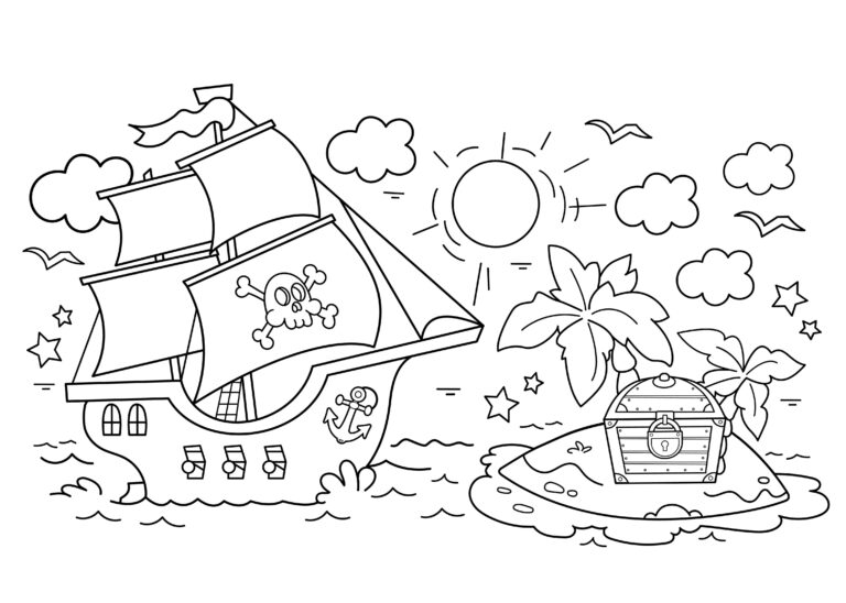 Coloriage bateau de pirates et l'île aux trésors à imprimer
