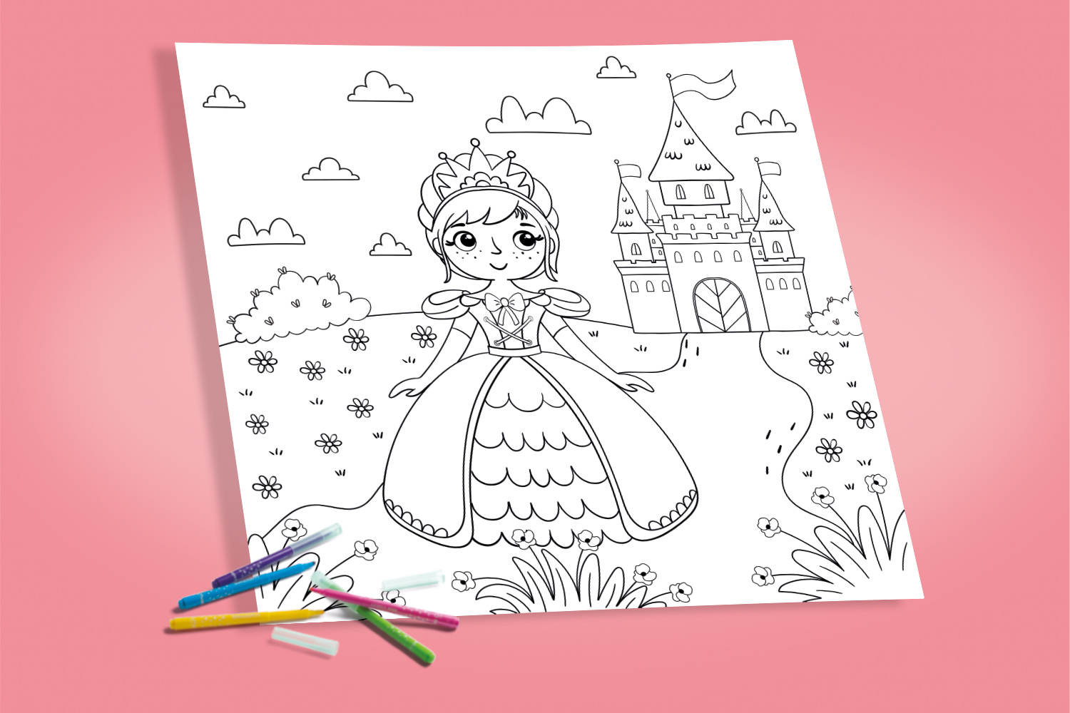 Coloriage princesse et son château à imprimer