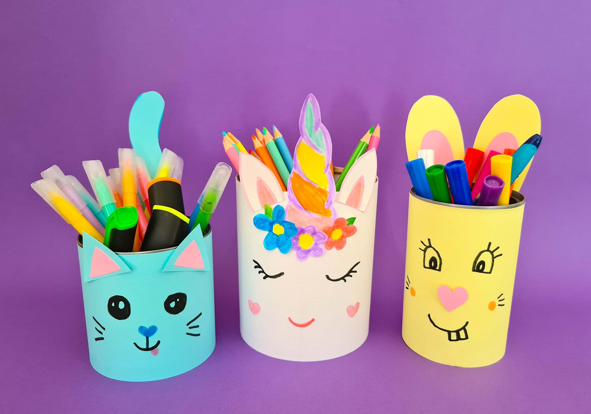 Fabriquer un pot à crayons chat, lapin ou licorne