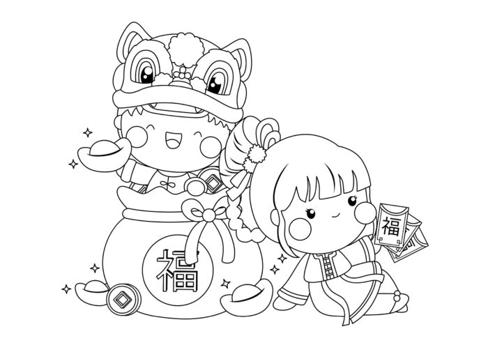 Coloriage Enfants célébrant le Nouvel An chinois