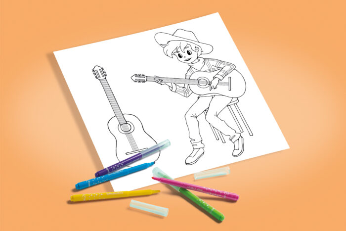 Coloriage cowboy avec sa guitare acoustique 