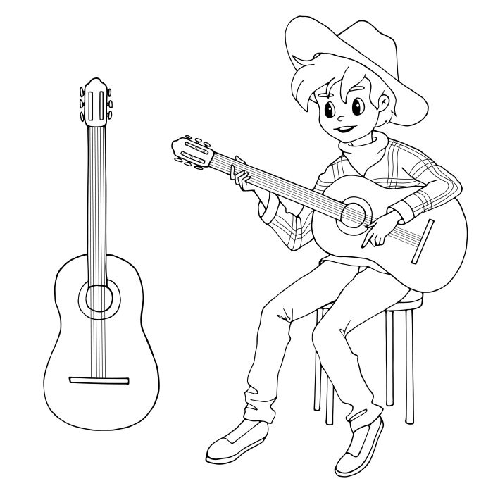 Coloriage d'un musicien cowboy avec sa guitare à télécharger et imprimer gratuitement