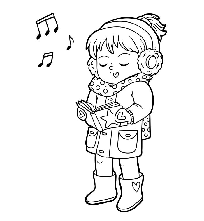 coloriage d'une petite fille qui chante dans musique de noêl, à télécharger gratuitement