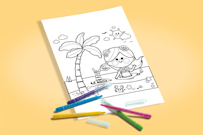 Coloriage sirène au bord de la plage à imprimer 