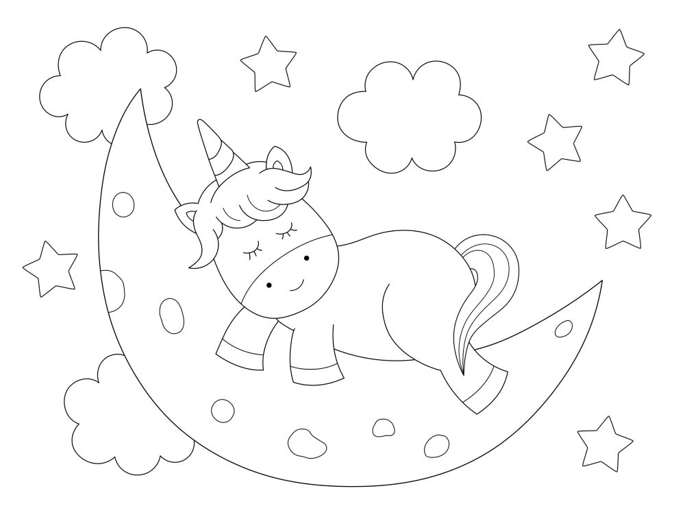 télécharger et imprimer gratuitement ce coloriage licorne qui dort sur une lune