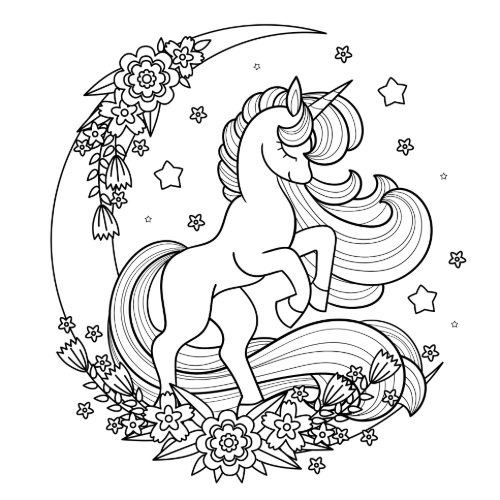 coloriage de licorne et lune fleurie