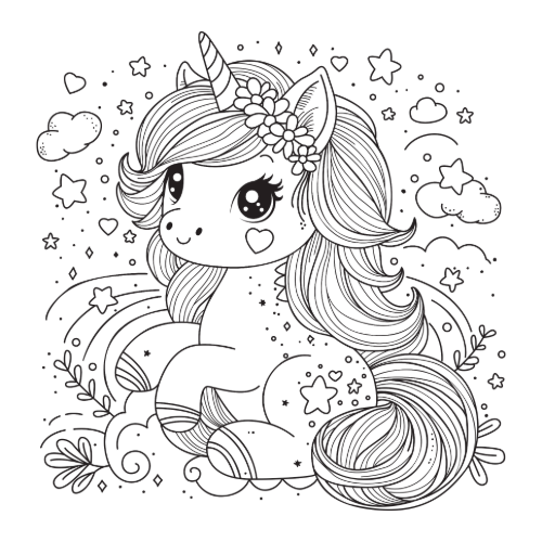 coloriage licorne kawai et ciel étoilé
