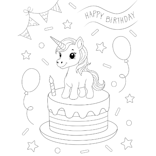 coloriage licorne et gâteau d'anniversaire