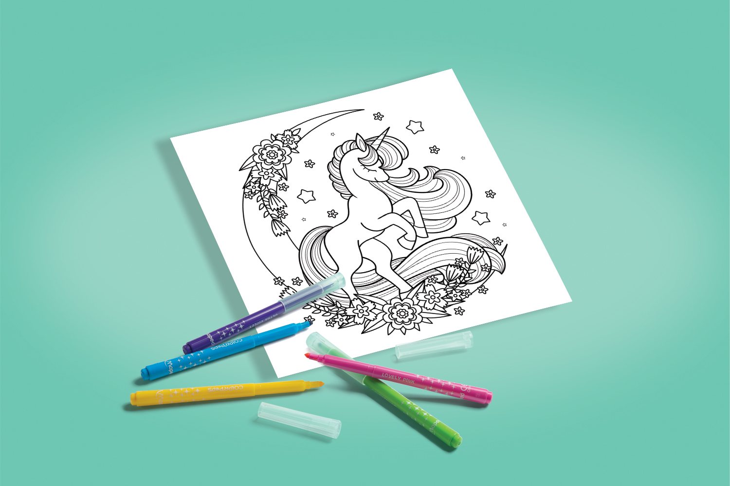 coloriage licorne et lune fleurie