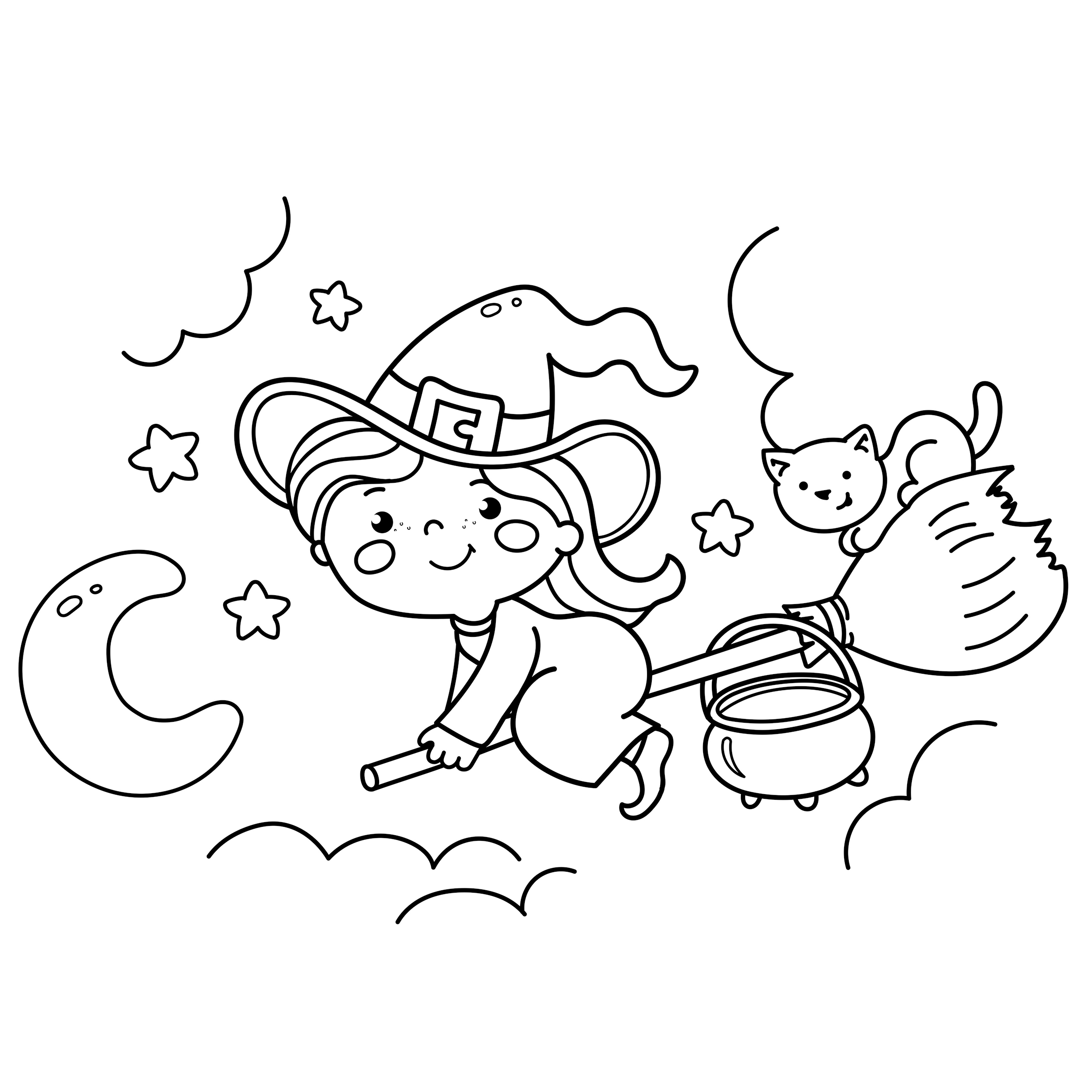 coloriage sorcière sur son balai
