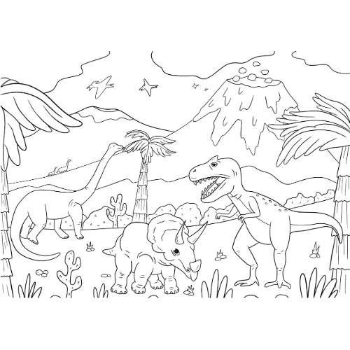 coloriage dinosaures dans la jungle avec volcan