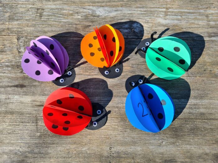 Cinq coccinelles en papier 3D colorées (rouge, bleue, verte, orange, violette) disposées sur une table en bois