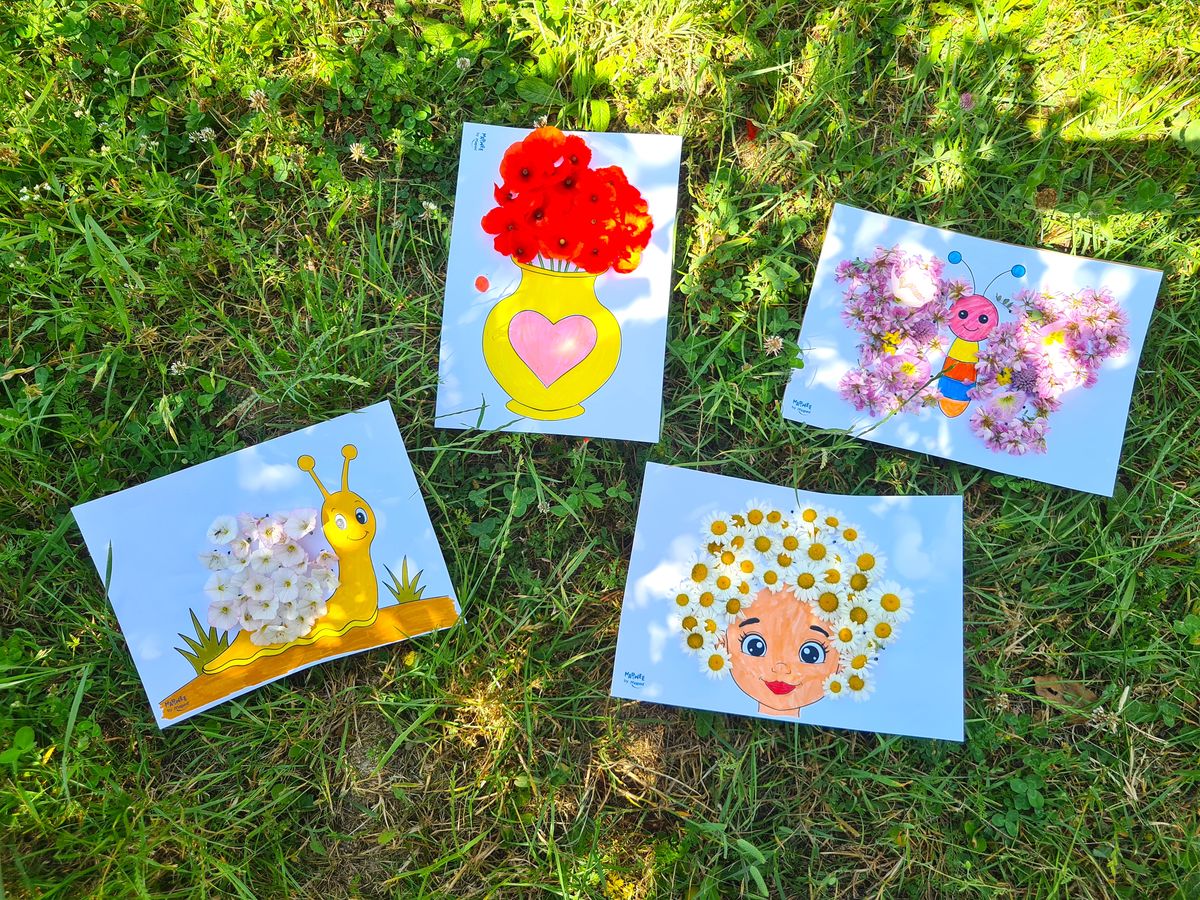 Les quatre tableaux floraux terminés posés dans l'herbe : vase de coquelicots, papillon, escargot et fillette en fleurs