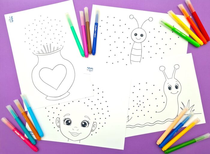 Les quatre fiches modèles vierges à imprimer avec des feutres Maped, avant coloriage du tableau floral