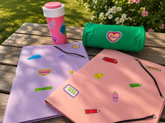 Fournitures scolaires personnalisées avec des stickers de rentrée des classes faits maison, posées sur une table de jardin