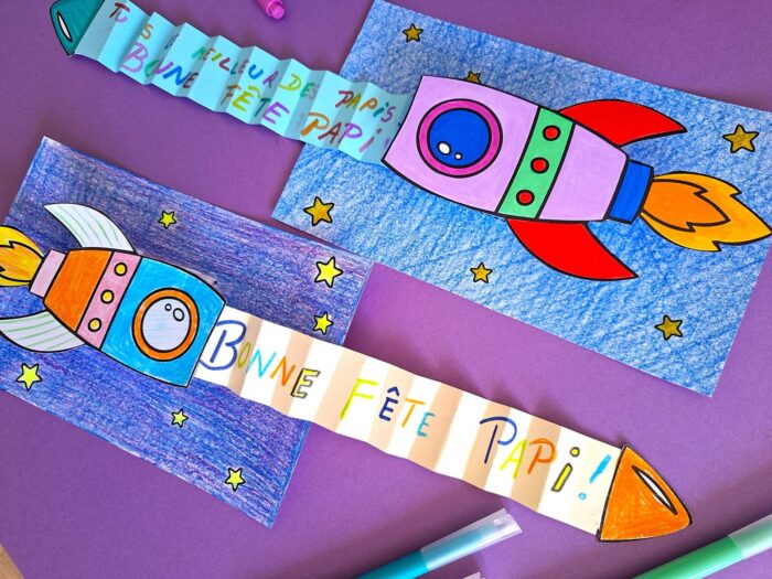 DIY carte fusée en papier colorié avec un message personnalisé