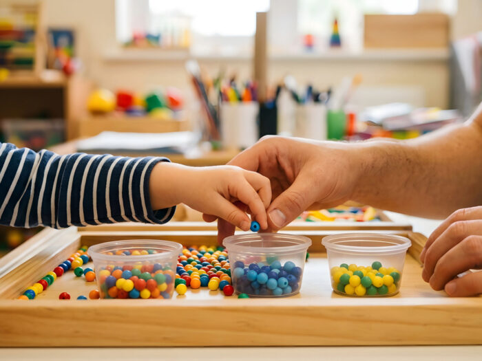 un fils et son père qui trient des billes de couleur