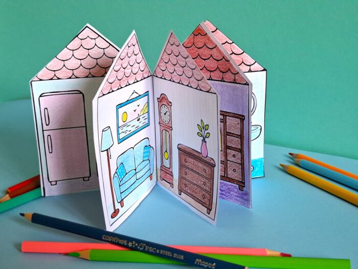 maison en papier en 3D, coloriée avec des crayons de couleur